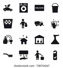 16 vector icon set : eco car, washing machine, welcome mat, bucket, trash bin, trash, sweeper, wiping, dish cleanser, house cleaning, utility room, plunger, brush, hand dryer, garbage bin