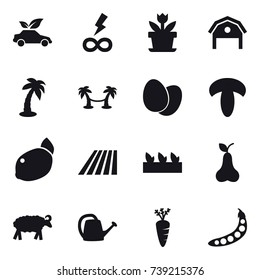 16 vector icon set : eco car, infinity power, flower, barn, palm, palm hammock, field, seedling, pear, sheep, watering can, carrot, peas