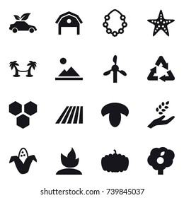 16 vector icon set : eco car, barn, hawaiian wreath, starfish, palm hammock, landscape, honeycombs, field, mushroom, harvest, corn, sprouting, pumpkin, garden