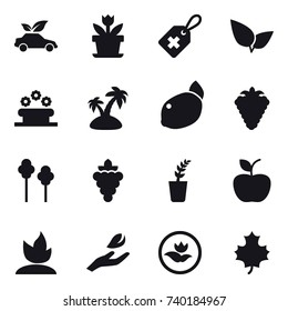 16 vector icon set : eco car, flower, flower bed, island, berry, trees, grape, seedling, apple, sprouting, hand leaf, ecology, maple leaf