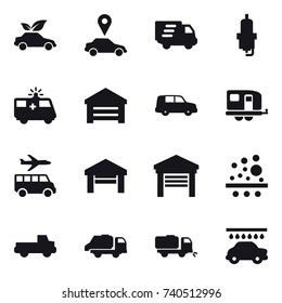 16 vector icon set : eco car, car pointer, delivery, spark plug, garage, trailer, transfer, pickup, trash truck, sweeper, car wash