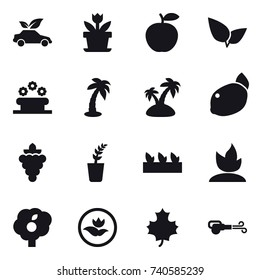 16 vector icon set : eco car, flower, flower bed, palm, island, grape, seedling, sprouting, garden, ecology, maple leaf, blower