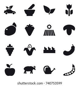 16 vector icon set : eco car, berry, field, mushroom, grape, corn, seedling, eggplant, apple, sheep, watering can, peas