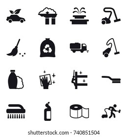 16 vector icon set : eco car, factory filter, fountain, vacuum cleaner, broom, garbage bag, sweeper, shampoo, wiping, skyscrapers cleaning, brush, toilet cleanser, toilet paper