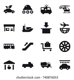 16 vector icon set : eco car, lunar rover, gas station, bus, escalator, baggage trolley, wheel, warehouse, pickup, sweeper, car wash