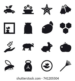 16 vector icon set : eco car, flower bed, starfish, flippers, flower in window, honeycombs, harvest, sheep, rabbit, tomato, wasp, fertilizer, ecology, rake
