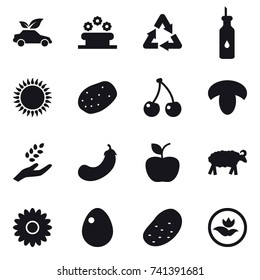 16 vector icon set : eco car, flower bed, cherry, mushroom, harvest, eggplant, apple, sheep, flower, egg, potato, ecology