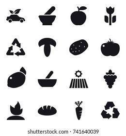 16 vector icon set : eco car, mortar, field, grape, sprouting, bread, carrot, recycling