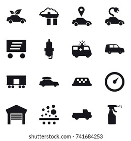 16 vector icon set : eco car, factory filter, car pointer, electric car, delivery, spark plug, car baggage, taxi, barometer, garage, pickup, sprayer