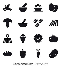 16 vector icon set : eco car, flower bed, mortar, coffee seeds, field, grape, flower, tomato, bread, acorn, carrot, potato