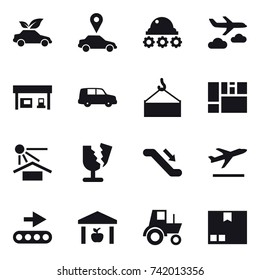 16 vector icon set : eco car, car pointer, lunar rover, journey, gas station, escalator, departure, warehouse, tractor, package