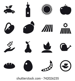 16 vector icon set : eco car, field, harvest, pear, sprouting, watering can, bread, egg, peas, ecology