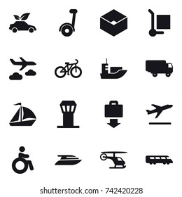 16 vector icon set : eco car, segway, box, cargo stoller, journey, bike, sail boat, airport tower, baggage get, departure, invalid, yacht