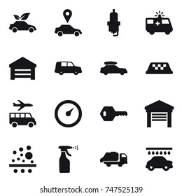 16 vector icon set : eco car, car pointer, spark plug, garage, car baggage, taxi, transfer, barometer, key, sprayer, trash truck, car wash