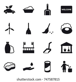 16 vector icon set : eco car, washing, scoop, welcome mat, windmill, broom, soap, shampoo, skyscapers cleaning, utility room, sponge with foam, hand and drop, cleanser powder, garbage bin