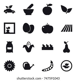 16 vector icon set : eco car, flower in window, field, flour, corn, seedling, pear, flower, watering can, peas, ecology