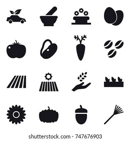 16 vector icon set : eco car, flower bed, coffee seeds, field, harvest, seedling, flower, pumpkin, acorn, rake