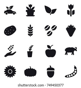 16 vector icon set : eco car, flower, coffee seeds, berry, harvest, seedling, apple, sheep, pumpkin, acorn, peas