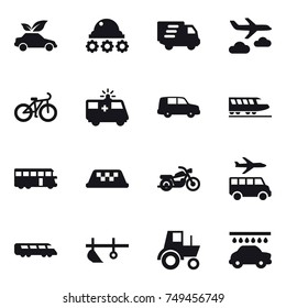 16 vector icon set : eco car, lunar rover, delivery, journey, bike, train, bus, taxi, motorcycle, transfer, plow, tractor, car wash