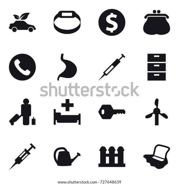 16 vector icon set : eco car,\
smart bracelet, dollar coin, purse, phone, passenger, hospital,\
key, syringe, watering can, grain elevator, floor\
washing