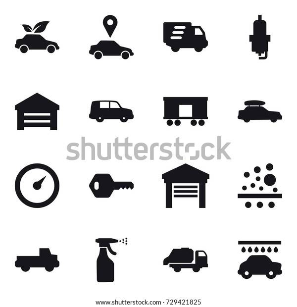 16 vector icon set : eco car, car pointer,\
delivery, spark plug, garage, car baggage, barometer, key, pickup,\
sprayer, trash truck, car\
wash