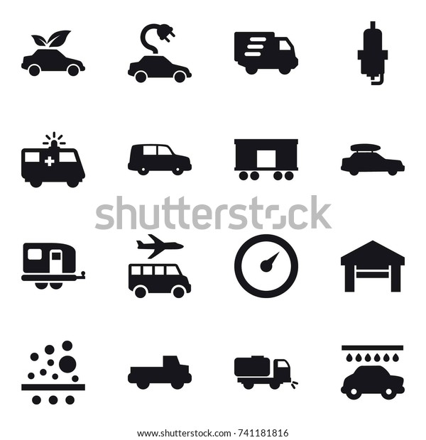 16 vector icon set : eco car, electric car,\
delivery, spark plug, car baggage, trailer, transfer, barometer,\
garage, pickup, sweeper, car\
wash