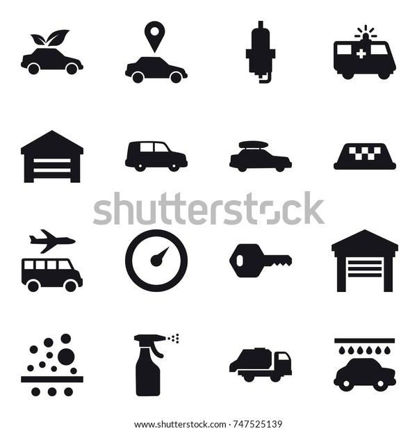 16 vector icon set : eco car, car pointer, spark\
plug, garage, car baggage, taxi, transfer, barometer, key, sprayer,\
trash truck, car wash