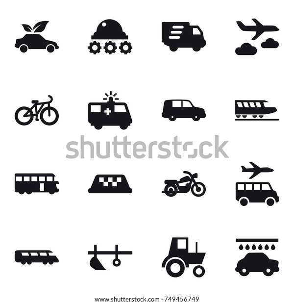 16 vector icon set : eco car, lunar rover, delivery,
journey, bike, train, bus, taxi, motorcycle, transfer, plow,
tractor, car wash