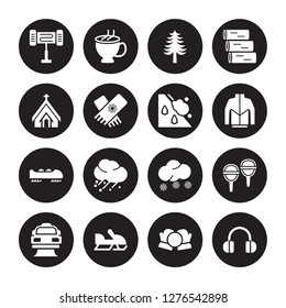 16 vector icon set : Electric heater, Snow ball, Snowmobile, Snowplow, Snowshoes, Earmuffs, Chapel, Bobsled, Avalanche isolated on black background
