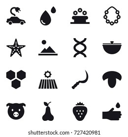 16 vector icon set : electric car, flower bed, hawaiian wreath, starfish, landscape, cauldron, honeycombs, field, sickle, mushroom, pig, pear, strawberry, hand drop