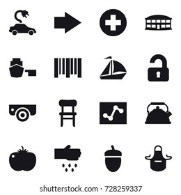 16 vector icon set : electric car, right arrow, airport building, sail boat, unlocked, surveillance camera, chair, kettle, sow, acorn, apron