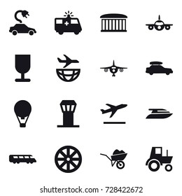 16 vector icon set : electric car, airport building, plane, car baggage, air ballon, airport tower, departure, yacht, wheel, wheelbarrow, tractor