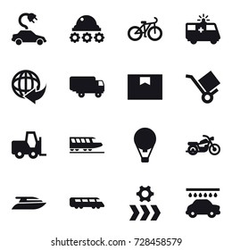 16 vector icon set : electric car, lunar rover, bike, train, air ballon, motorcycle, yacht, car wash