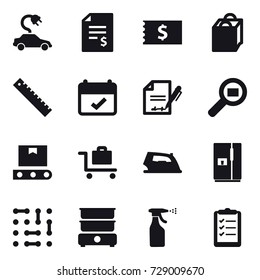 16 vector icon set : electric car, account balance, receipt, shopping bag, ruler, baggage trolley, iron, fridge, sprayer, clipboard list