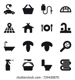 16 vector icon set : electric car, basket, greenhouse, bungalow, cafe, water tap, bath, mushroom, viruses, sprayer, washing powder, toilet, stack of towels