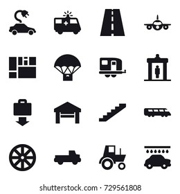 16 vector icon set : electric car, trailer, detector, baggage get, garage, stairs, wheel, pickup, tractor, car wash