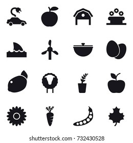 16 vector icon set : electric car, barn, flower bed, shark flipper, cauldron, sheep, seedling, apple, flower, carrot, peas, maple leaf