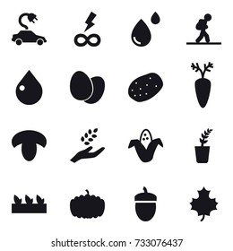 16 vector icon set : electric car, infinity power, tourist, drop, mushroom, harvest, corn, seedling, pumpkin, acorn, maple leaf