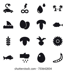 16 vector icon set : electric car, infinity power, palm hammock, shark flipper, mushroom, beet, flower, fish, sow, egg, peas