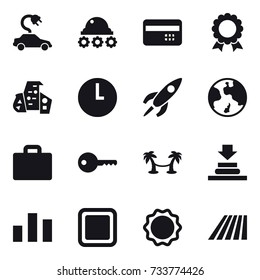 16 vector icon set : electric car, lunar rover, credit card, medal, modern architecture, earth, suitcase iocn, key, palm hammock, cutting board, field