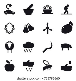 16 vector icon set : electric car, flower bed, tourist, hawaiian wreath, flippers, sheep, rain cloud, sickle, pig, apple, sow, wasp, hand drop