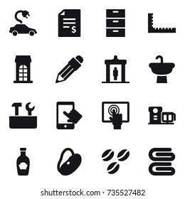 16 vector icon set : electric car, account balance, ruler, building, pencil, detector, repair tools, coffee seeds, stack of towels