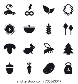 16 vector icon set : electric car, infinity power, hawaiian wreath, cauldron, trees, mushroom, rabbit, wasp, spruce, acorn, carrot, potato, fertilizer