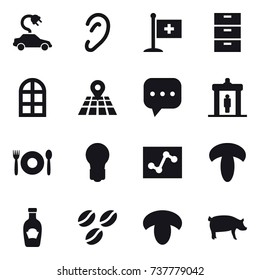 16 vector icon set : electric car, arch window, detector, cafe, bulb, coffee seeds, mushroom, pig