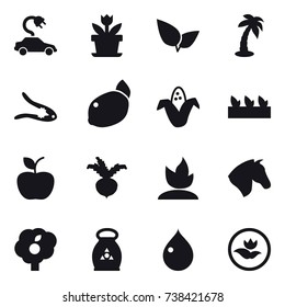 16 vector icon set : electric car, flower, palm, walnut crack, corn, seedling, apple, beet, sprouting, horse, garden, fertilizer, drop, ecology
