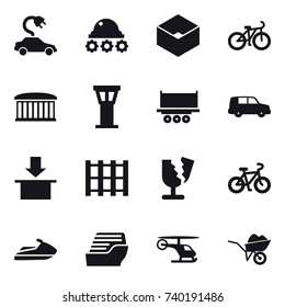 16 vector icon set : electric car, lunar rover, box, bike, airport building, airport tower, jet ski, cruise ship, wheelbarrow