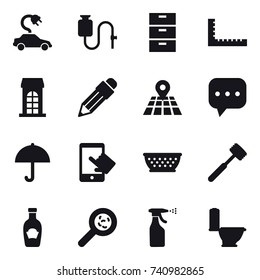 16 vector icon set : electric car, ruler, building, pencil, kolander, meat hammer, viruses, sprayer, toilet