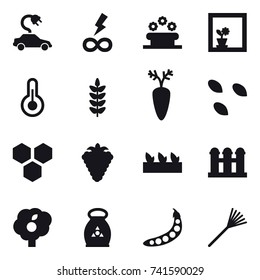 16 vector icon set : electric car, infinity power, flower bed, flower in window, seeds, honeycombs, berry, seedling, grain elevator, garden, fertilizer, peas, rake