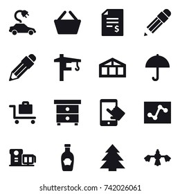 16 vector icon set : electric car, basket, account balance, pencil, tower crane, greenhouse, baggage trolley, nightstand, spruce, hard reach place cleaning
