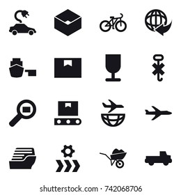 16 vector icon set : electric car, box, bike, plane, cruise ship, wheelbarrow, pickup